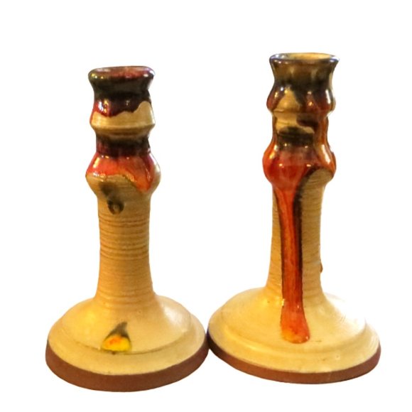 Pair Of Pottery Candleholders Artist Signed Brown And Orange Colors - Picture 1 of 9